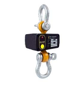 A wireless Eilon Engineering load cell shown with upper and lower shackles attached